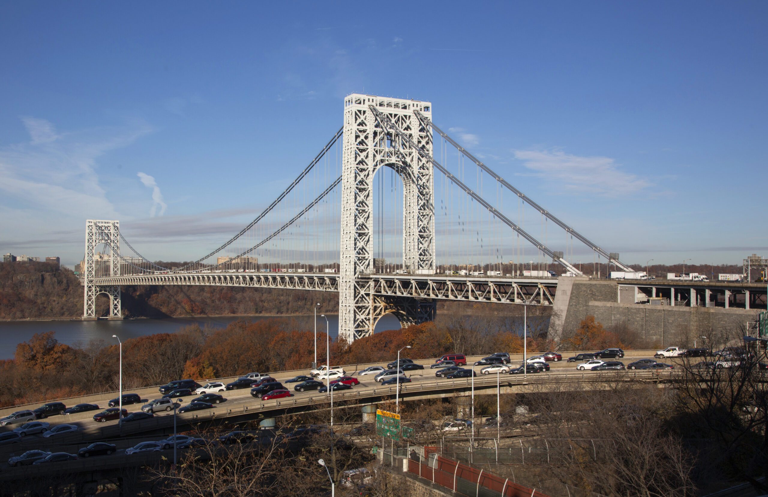 A Manhattan side view of the George Washington Bridge looking at Ft. Lee New Jersey and heavy traffic