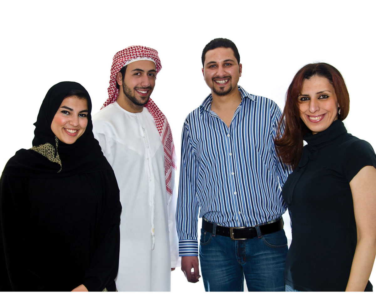 Two Arab Couples. One deplay a traditional clothing and the second one is a modern Arab couple showing a friendly smile